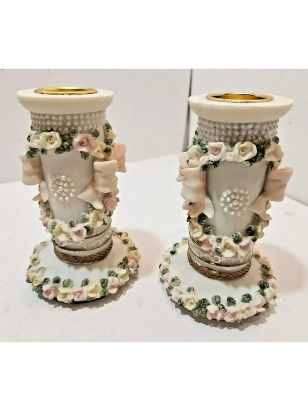 Pair of Sculpted Flower and Bows Ceramic Candlestick Holders Pastels Weddings
